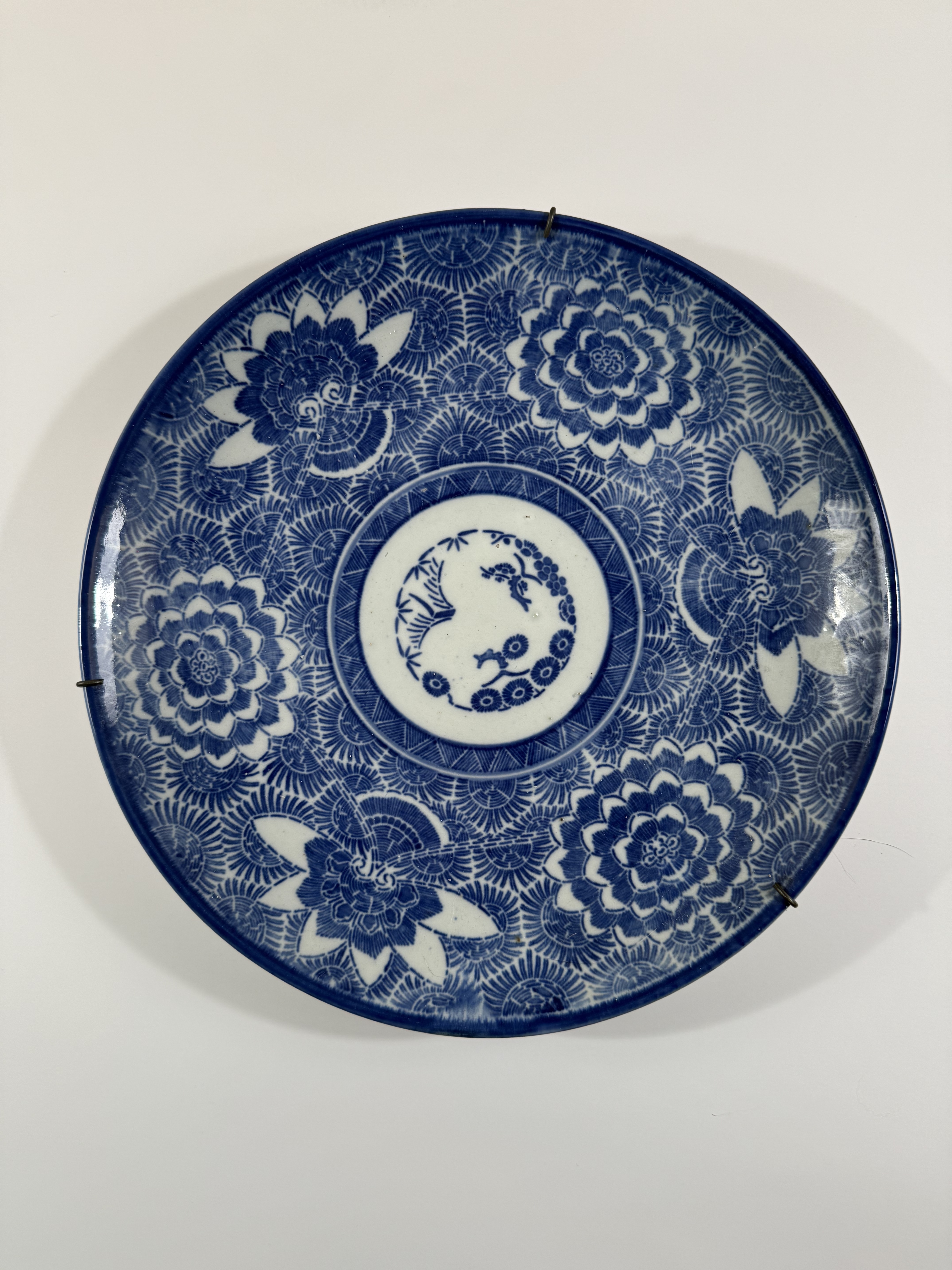 Japanese Blue and White Imari Charger — Chrysanthemum Brocade with Crane Medallion